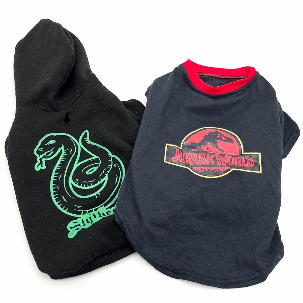 Harry Potter Slytherin and Jurassic World Dog Hoodie and Shirt Bundle